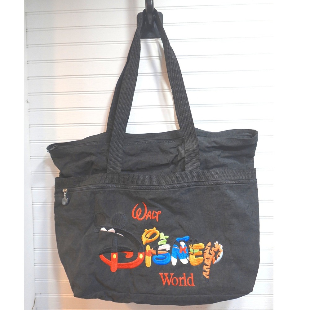 Vintage 90s Walt Disney World Black Tote Bag Embroidered Logo Shoulder Purse